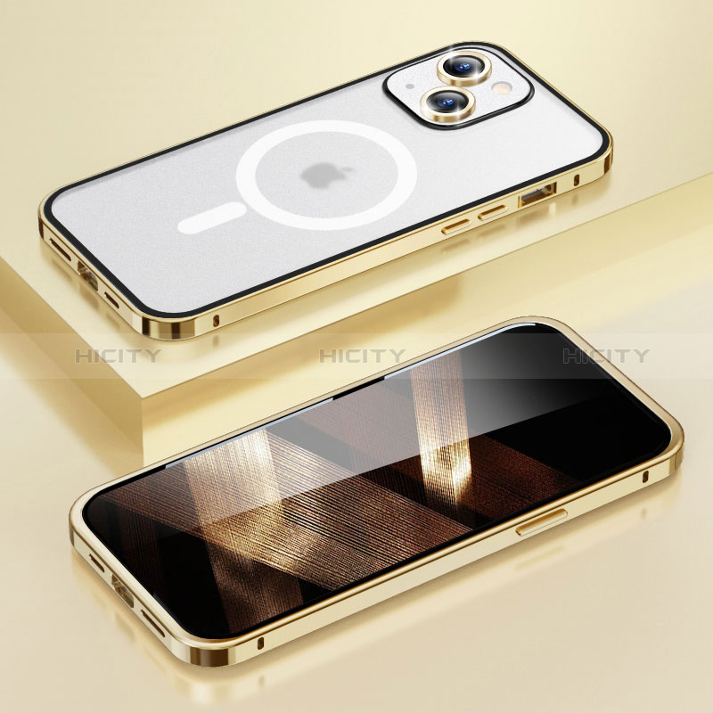 Coque Bumper Luxe Metal et Plastique Etui Housse avec Mag-Safe Magnetic Magnetique LF1 pour Apple iPhone 15 Or Plus