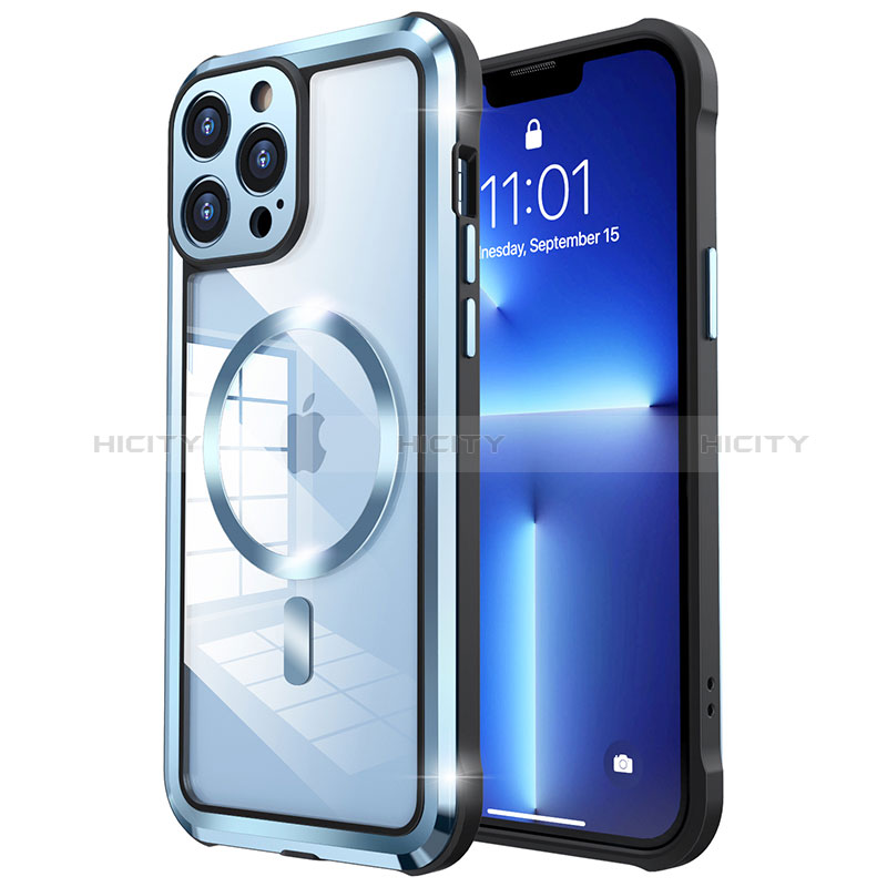 Coque Bumper Luxe Metal et Plastique Etui Housse avec Mag-Safe Magnetic Magnetique LF2 pour Apple iPhone 13 Pro Bleu Plus