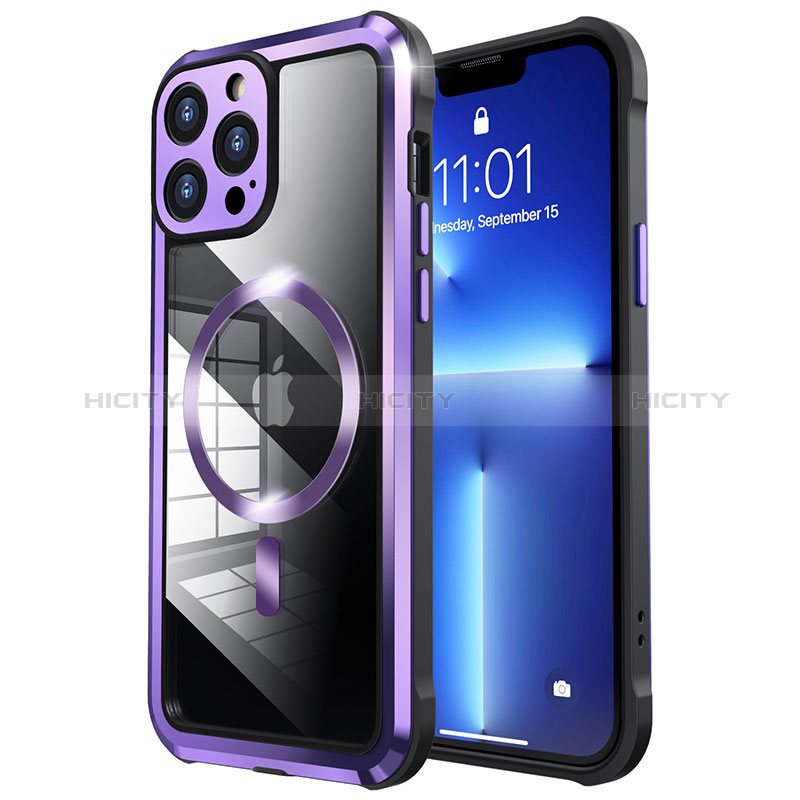 Coque Bumper Luxe Metal et Plastique Etui Housse avec Mag-Safe Magnetic Magnetique LF2 pour Apple iPhone 13 Pro Max Violet Plus