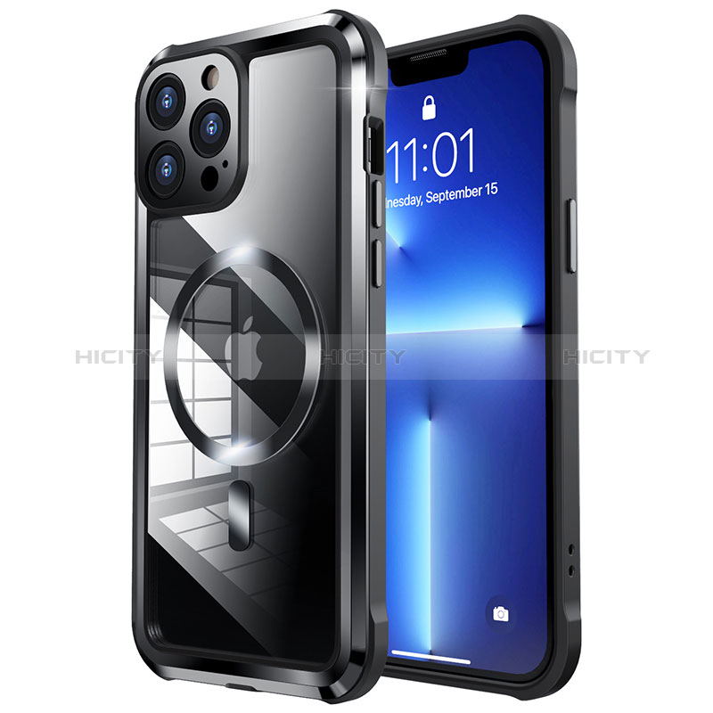 Coque Bumper Luxe Metal et Plastique Etui Housse avec Mag-Safe Magnetic Magnetique LF2 pour Apple iPhone 13 Pro Noir Plus