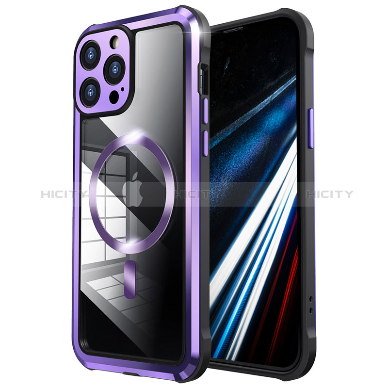 Coque Bumper Luxe Metal et Plastique Etui Housse avec Mag-Safe Magnetic Magnetique LF2 pour Apple iPhone 14 Pro Max Violet Plus