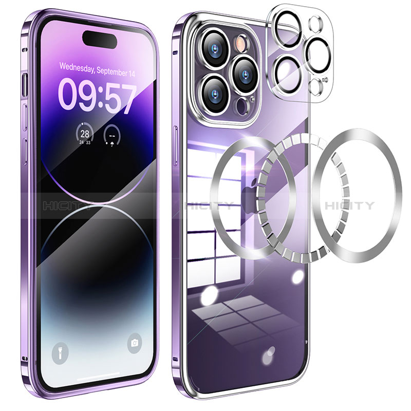 Coque Bumper Luxe Metal et Plastique Etui Housse avec Mag-Safe Magnetic Magnetique LF3 pour Apple iPhone 14 Pro Violet Plus