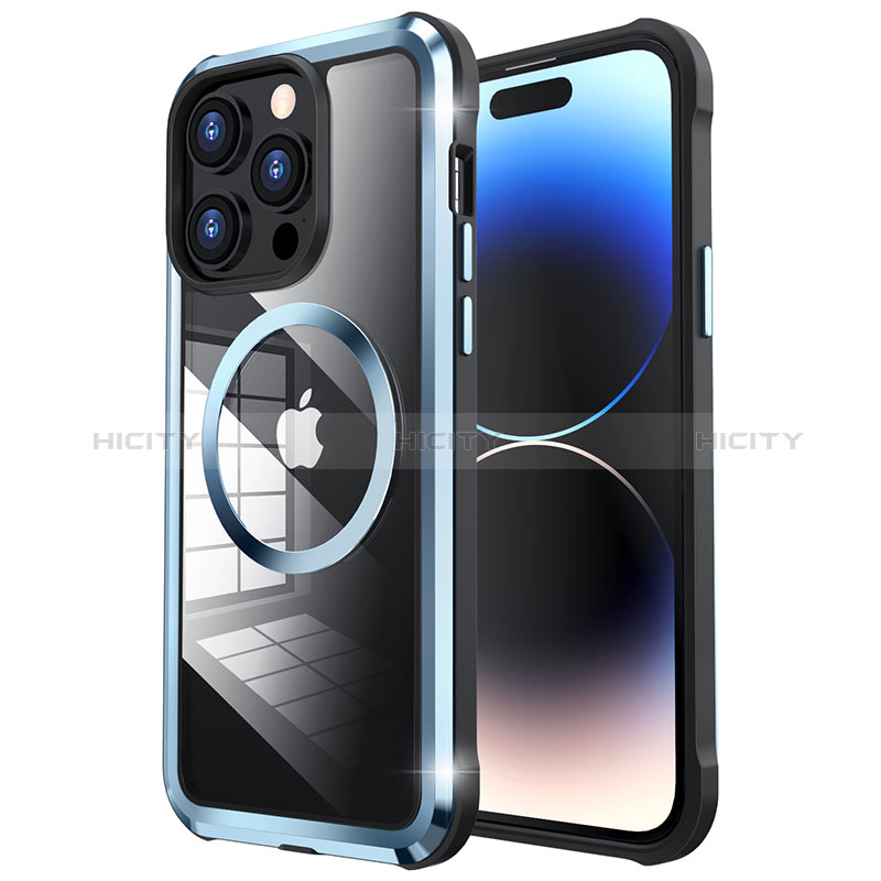 Coque Bumper Luxe Metal et Plastique Etui Housse avec Mag-Safe Magnetic Magnetique LF4 pour Apple iPhone 14 Pro Bleu Plus