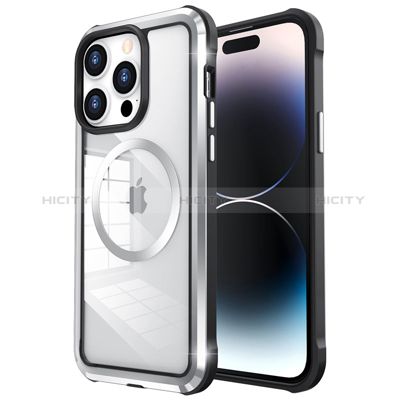 Coque Bumper Luxe Metal et Plastique Etui Housse avec Mag-Safe Magnetic Magnetique LF4 pour Apple iPhone 14 Pro Max Argent Plus