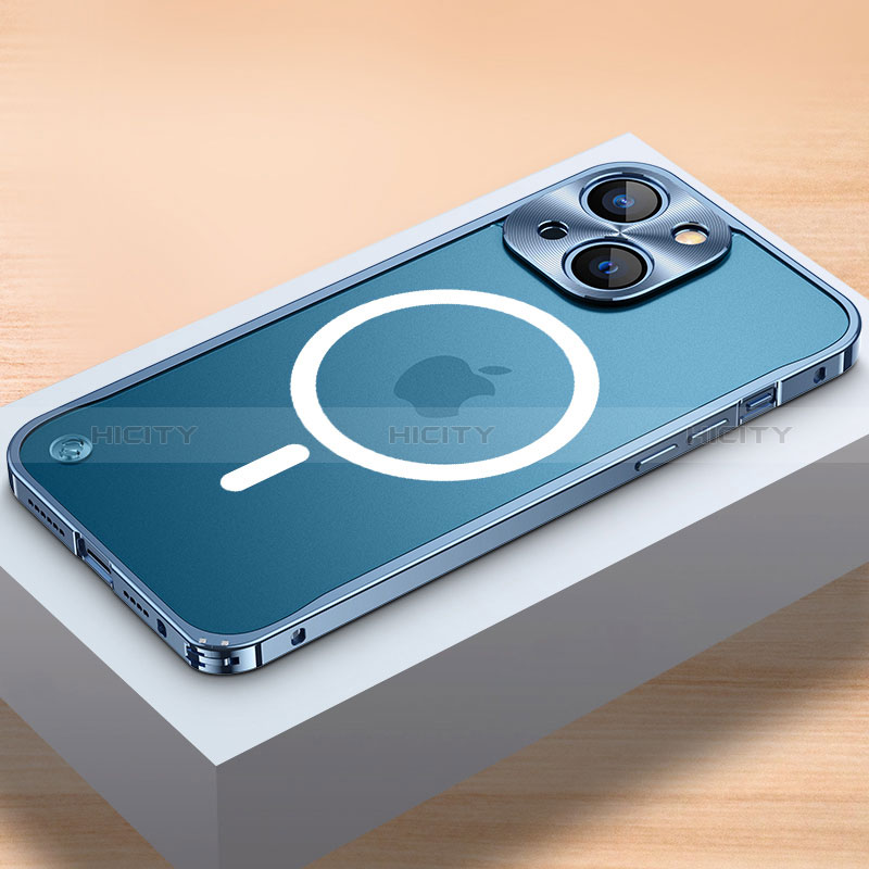 Coque Bumper Luxe Metal et Plastique Etui Housse avec Mag-Safe Magnetic Magnetique QC1 pour Apple iPhone 14 Bleu Plus