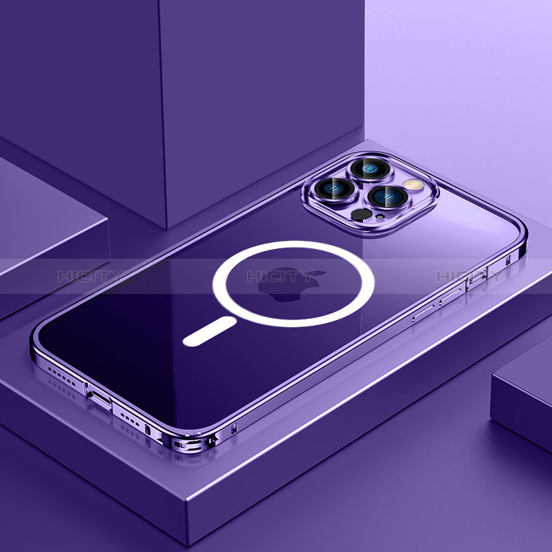 Coque Bumper Luxe Metal et Plastique Etui Housse avec Mag-Safe Magnetic Magnetique QC3 pour Apple iPhone 13 Pro Violet Plus