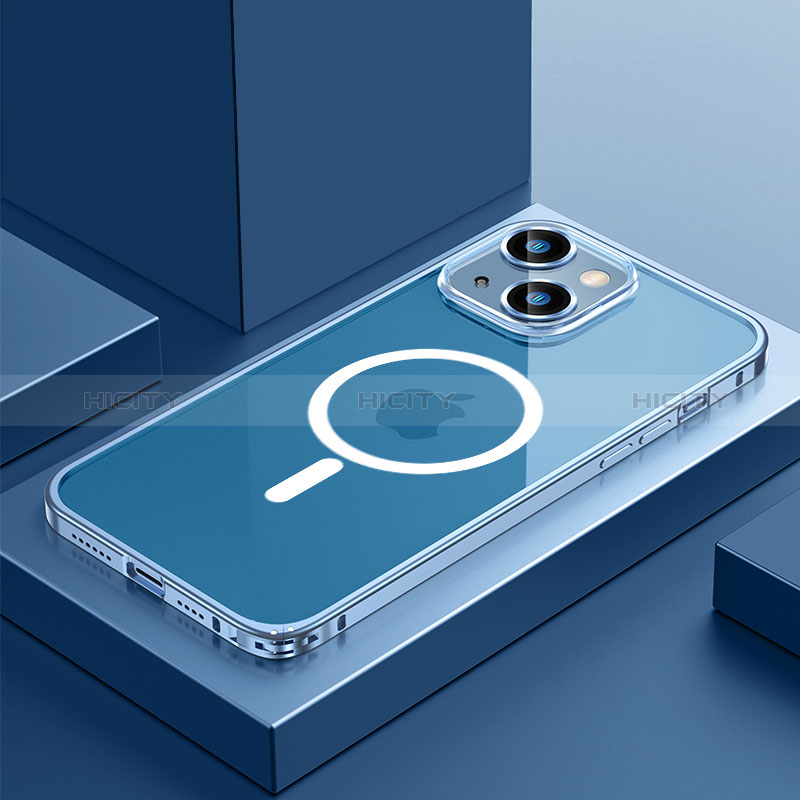Coque Bumper Luxe Metal et Plastique Etui Housse avec Mag-Safe Magnetic Magnetique QC3 pour Apple iPhone 14 Bleu Plus
