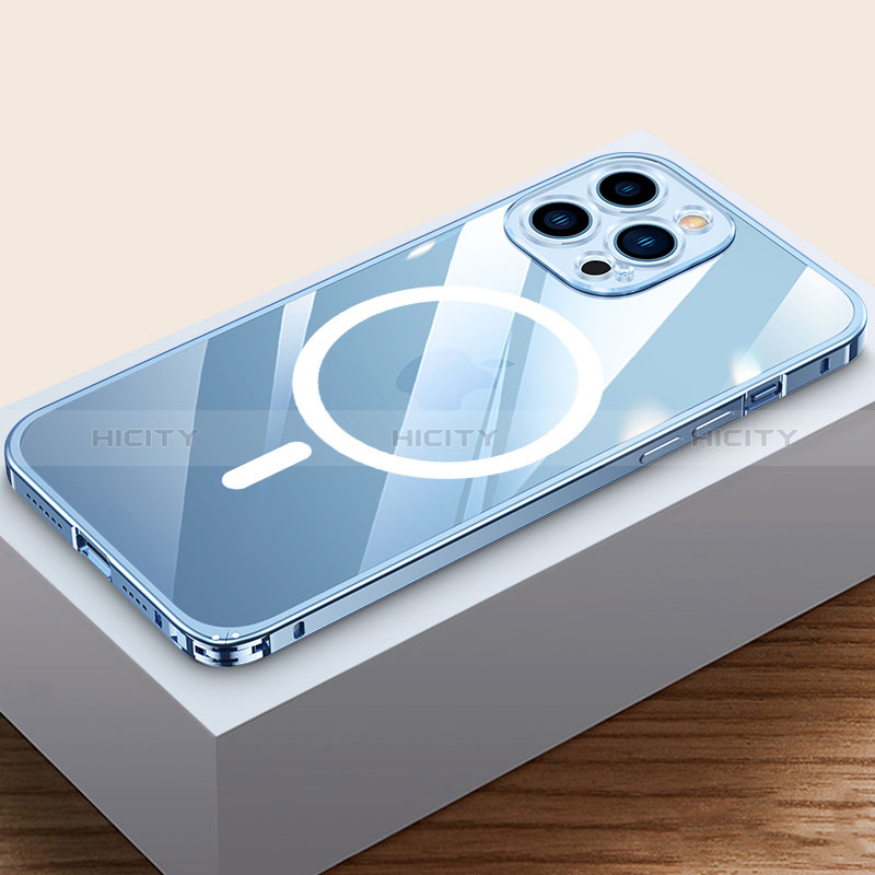 Coque Bumper Luxe Metal et Plastique Etui Housse avec Mag-Safe Magnetic Magnetique QC4 pour Apple iPhone 13 Pro Max Bleu Plus