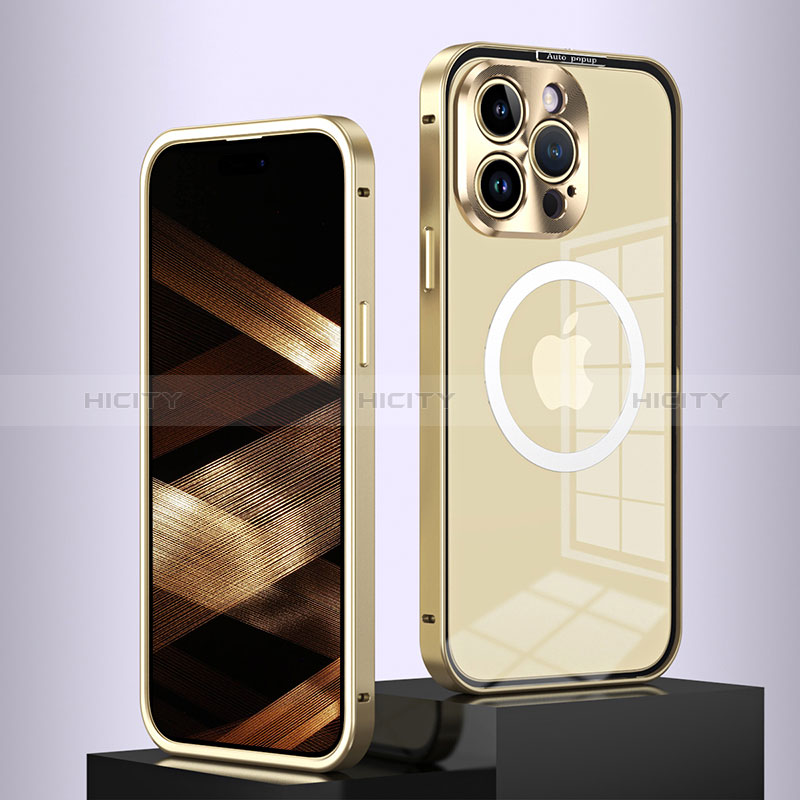 Coque Bumper Luxe Metal et Plastique Etui Housse avec Mag-Safe Magnetic Magnetique QC5 pour Apple iPhone 13 Pro Or Plus