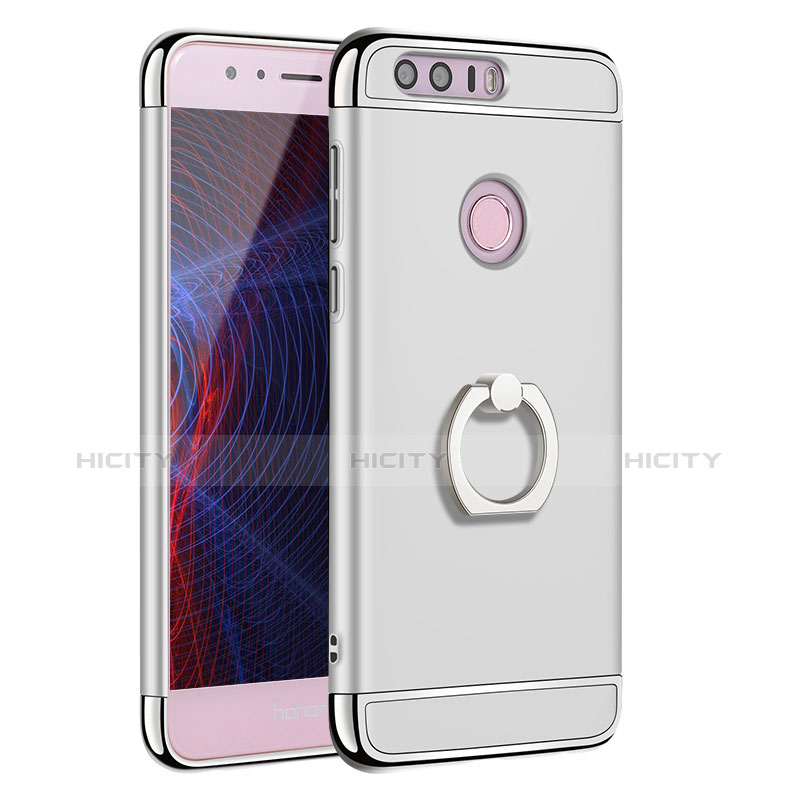 Coque Bumper Luxe Metal et Plastique Etui Housse avec Support Bague Anneau A01 pour Huawei Honor 8 Argent Plus