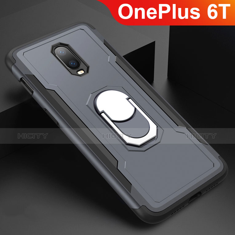 Coque Bumper Luxe Metal et Plastique Etui Housse avec Support Bague Anneau A01 pour OnePlus 6T Gris Plus