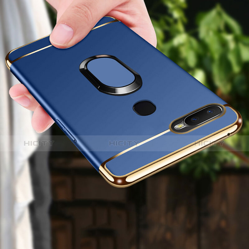 Coque Bumper Luxe Metal et Plastique Etui Housse avec Support Bague Anneau A01 pour Oppo A7 Bleu Plus