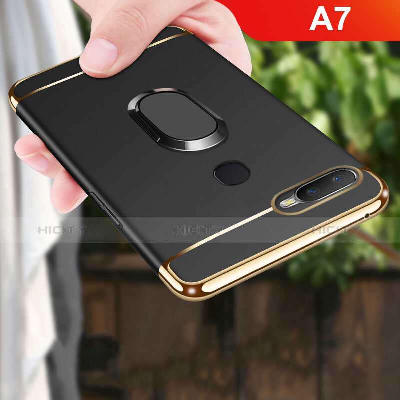 Coque Bumper Luxe Metal et Plastique Etui Housse avec Support Bague Anneau A01 pour Oppo A7 Noir Plus