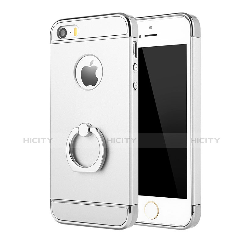 Coque Bumper Luxe Metal et Plastique Etui Housse avec Support Bague Anneau A02 pour Apple iPhone 5 Argent Plus