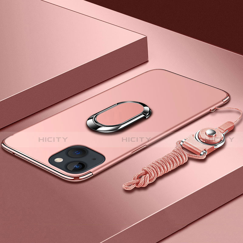 Coque Bumper Luxe Metal et Plastique Etui Housse avec Support Bague Anneau et Laniere pour Apple iPhone 13 Mini Or Rose Plus