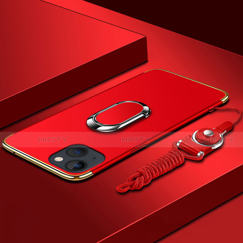 Coque Bumper Luxe Metal et Plastique Etui Housse avec Support Bague Anneau et Laniere pour Apple iPhone 13 Mini Rouge Plus