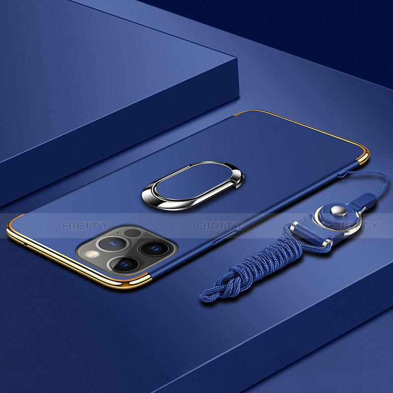 Coque Bumper Luxe Metal et Plastique Etui Housse avec Support Bague Anneau et Laniere pour Apple iPhone 14 Pro Max Bleu Plus