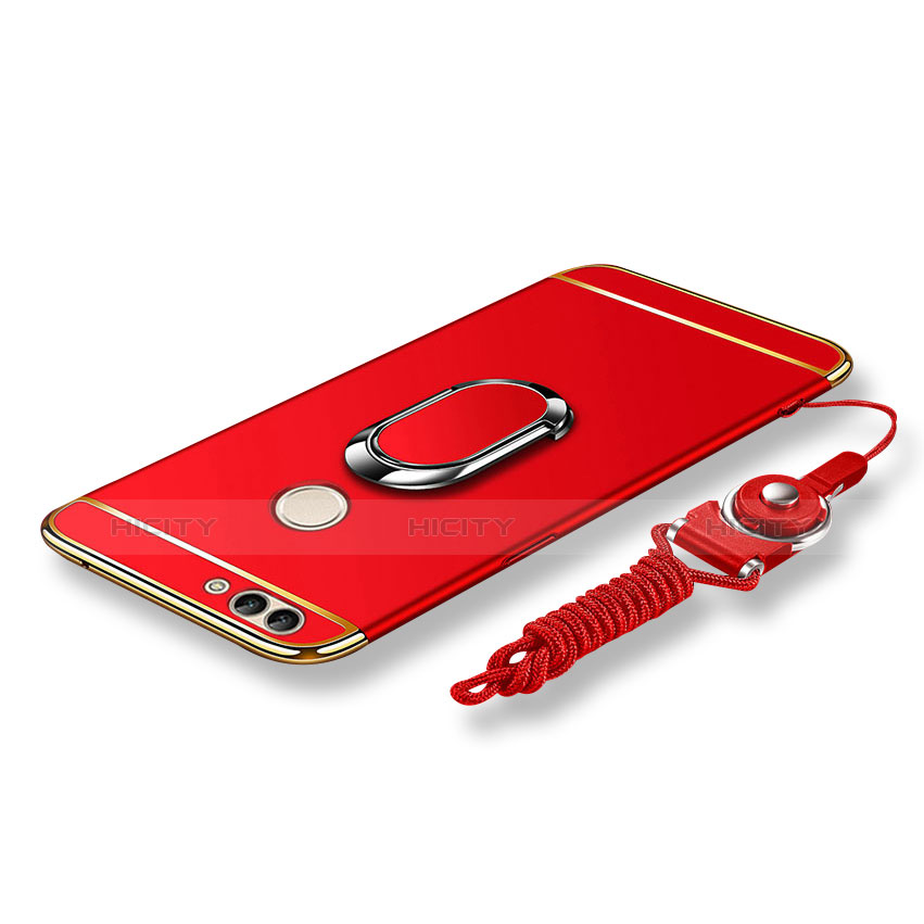 Coque Bumper Luxe Metal et Plastique Etui Housse avec Support Bague Anneau et Laniere pour Huawei Enjoy 7S Rouge Plus