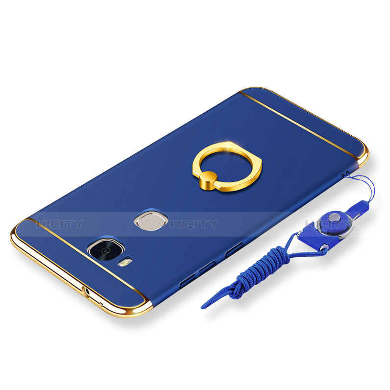 Coque Bumper Luxe Metal et Plastique Etui Housse avec Support Bague Anneau et Laniere pour Huawei GR5 Bleu Plus