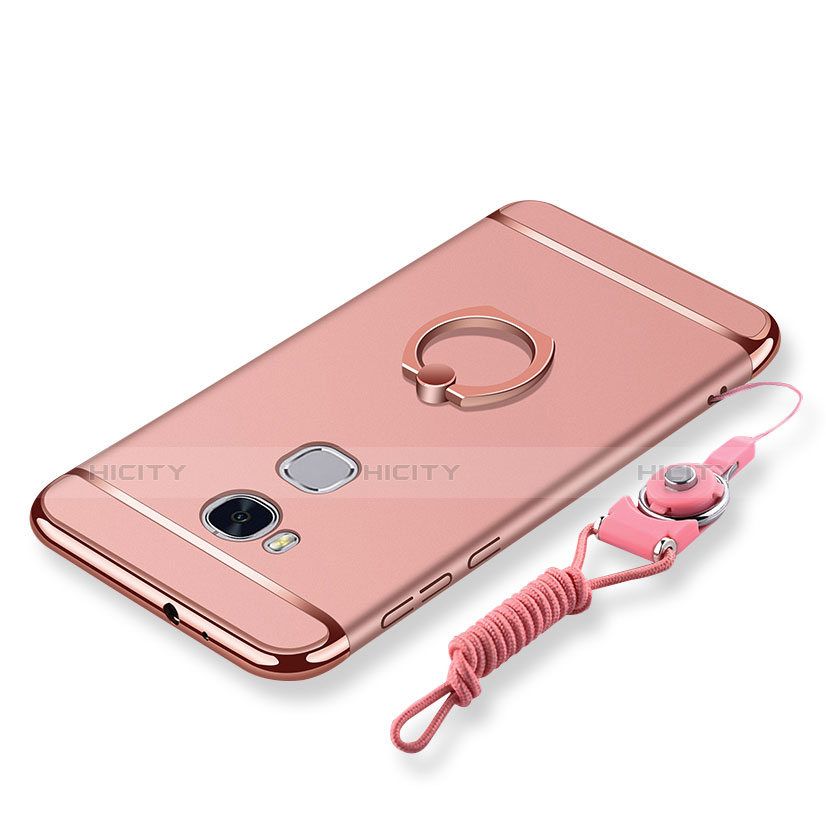 Coque Bumper Luxe Metal et Plastique Etui Housse avec Support Bague Anneau et Laniere pour Huawei Honor 5X Or Rose Plus