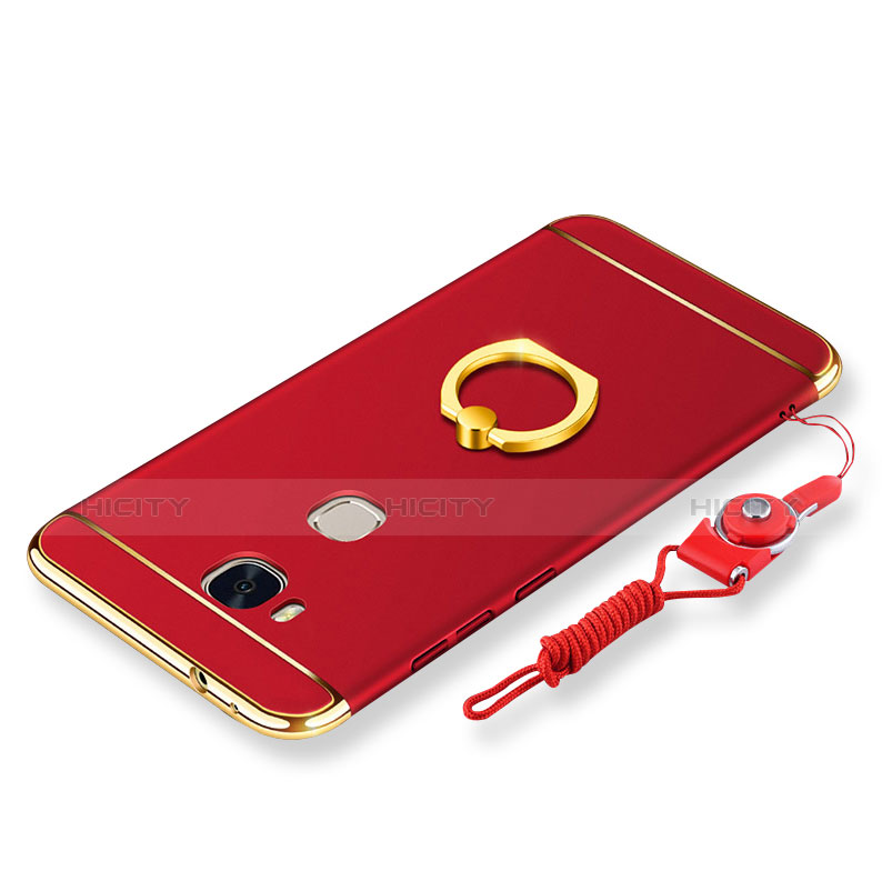 Coque Bumper Luxe Metal et Plastique Etui Housse avec Support Bague Anneau et Laniere pour Huawei Honor 5X Rouge Plus