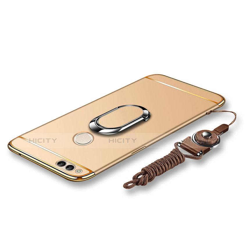 Coque Bumper Luxe Metal et Plastique Etui Housse avec Support Bague Anneau et Laniere pour Huawei Honor 7X Or Plus