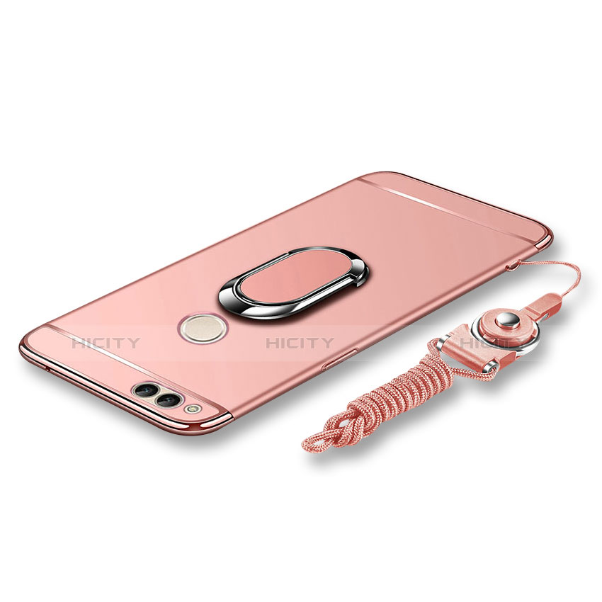 Coque Bumper Luxe Metal et Plastique Etui Housse avec Support Bague Anneau et Laniere pour Huawei Honor 7X Or Rose Plus