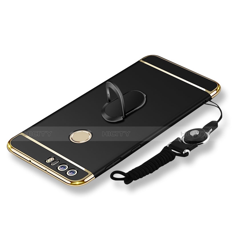 Coque Bumper Luxe Metal et Plastique Etui Housse avec Support Bague Anneau et Laniere pour Huawei Honor 8 Noir Plus