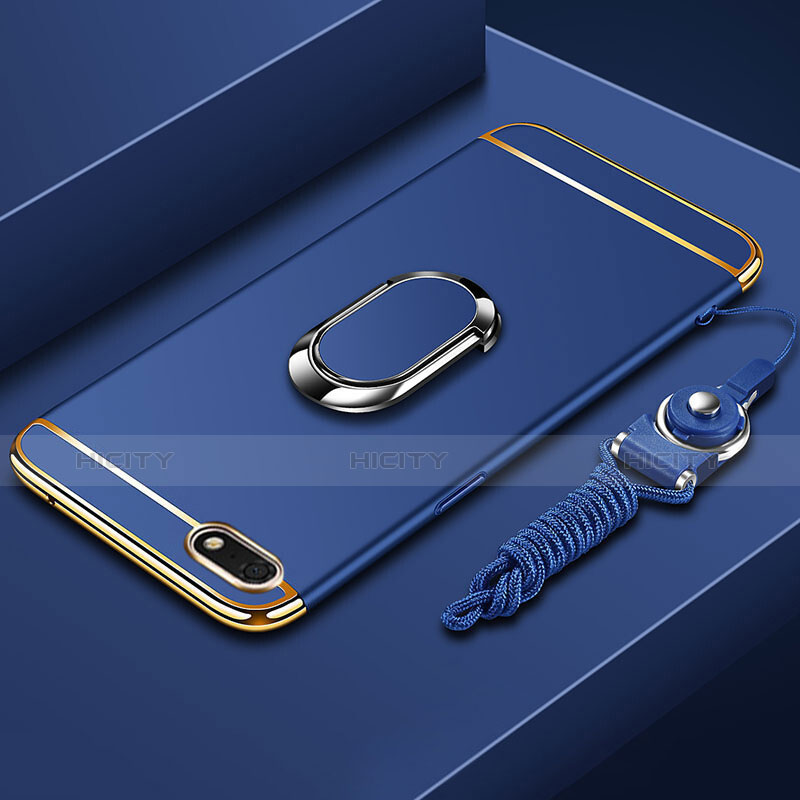 Coque Bumper Luxe Metal et Plastique Etui Housse avec Support Bague Anneau et Laniere pour Huawei Honor Play 7 Bleu Plus