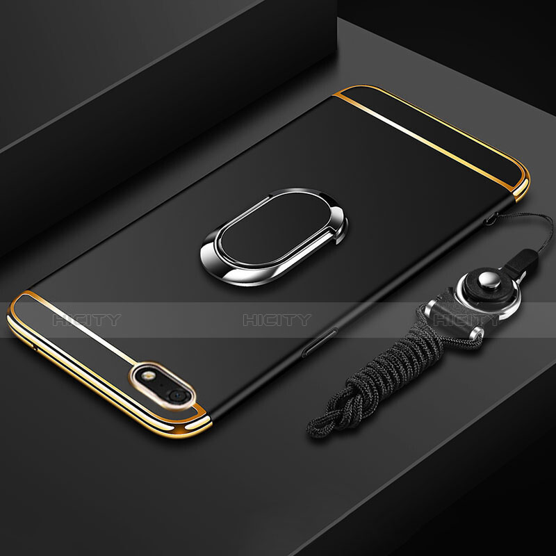 Coque Bumper Luxe Metal et Plastique Etui Housse avec Support Bague Anneau et Laniere pour Huawei Honor Play 7 Noir Plus