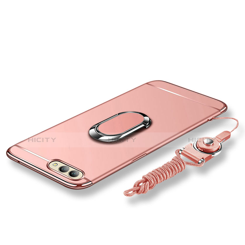 Coque Bumper Luxe Metal et Plastique Etui Housse avec Support Bague Anneau et Laniere pour Huawei Honor V10 Or Rose Plus