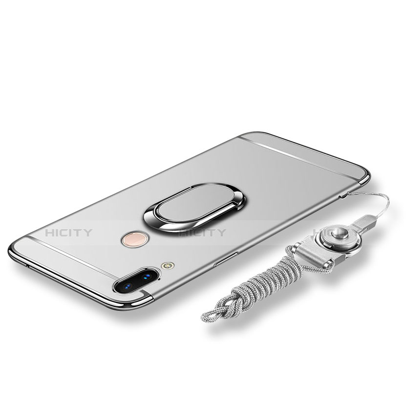 Coque Bumper Luxe Metal et Plastique Etui Housse avec Support Bague Anneau et Laniere pour Huawei Nova 3e Argent Plus