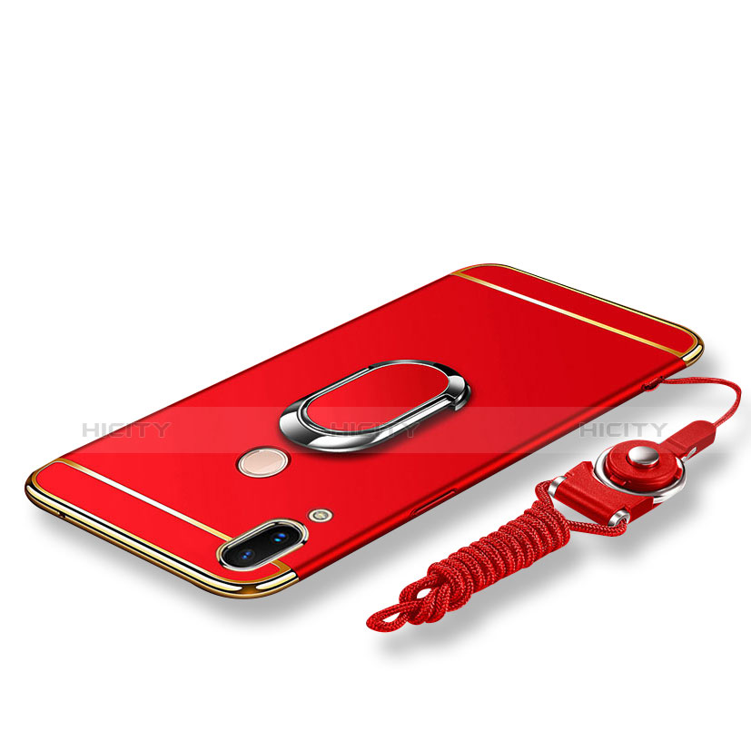 Coque Bumper Luxe Metal et Plastique Etui Housse avec Support Bague Anneau et Laniere pour Huawei Nova 3e Rouge Plus