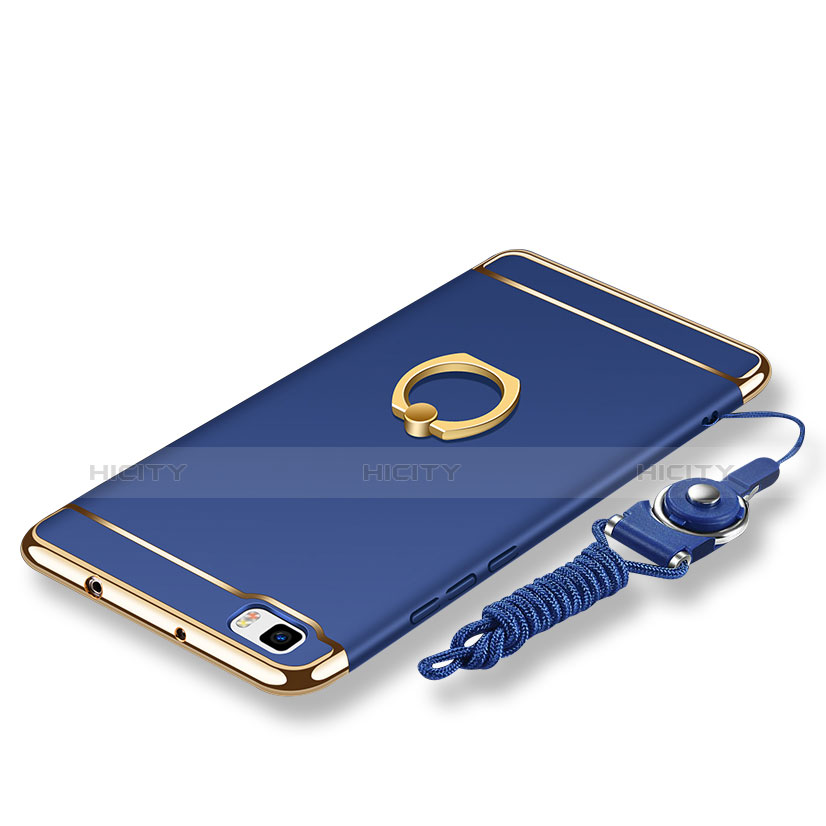 Coque Bumper Luxe Metal et Plastique Etui Housse avec Support Bague Anneau et Laniere pour Huawei P8 Lite Bleu Plus