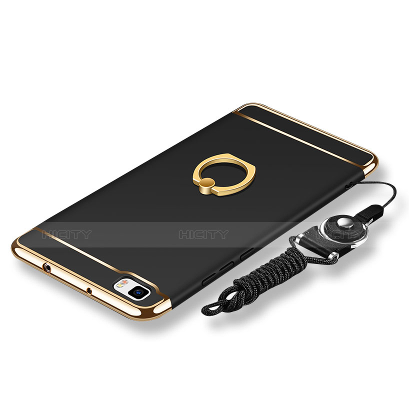 Coque Bumper Luxe Metal et Plastique Etui Housse avec Support Bague Anneau et Laniere pour Huawei P8 Lite Noir Plus