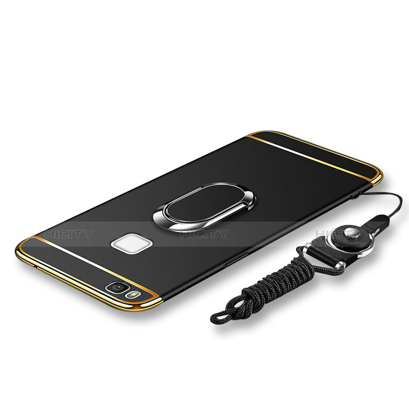 Coque Bumper Luxe Metal et Plastique Etui Housse avec Support Bague Anneau et Laniere pour Huawei P9 Lite Noir Plus