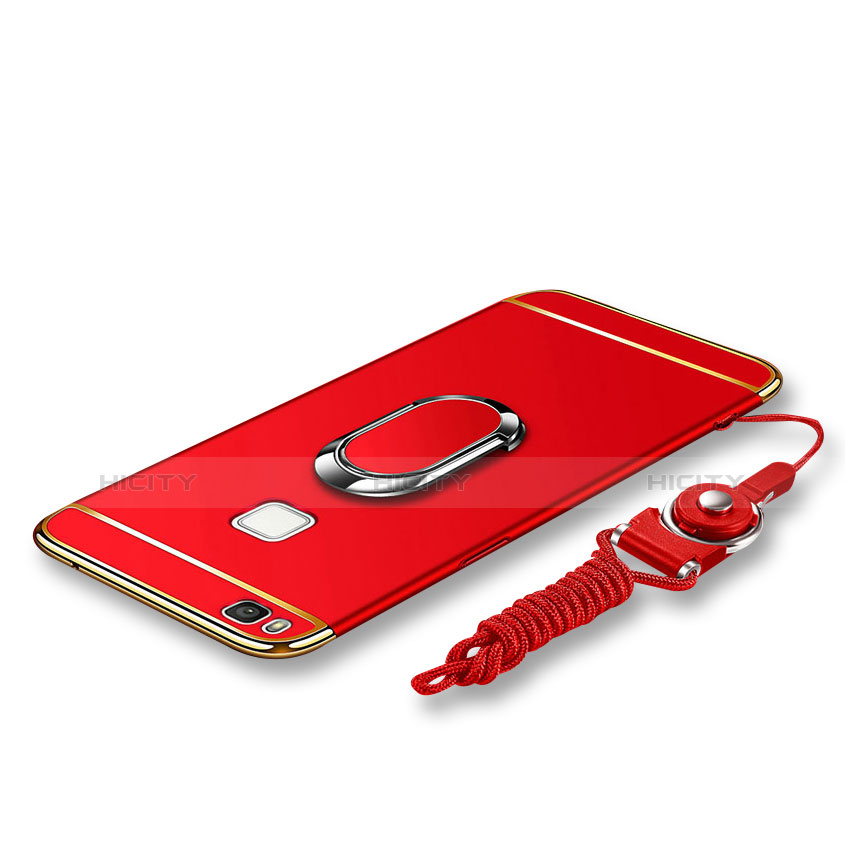 Coque Bumper Luxe Metal et Plastique Etui Housse avec Support Bague Anneau et Laniere pour Huawei P9 Lite Rouge Plus