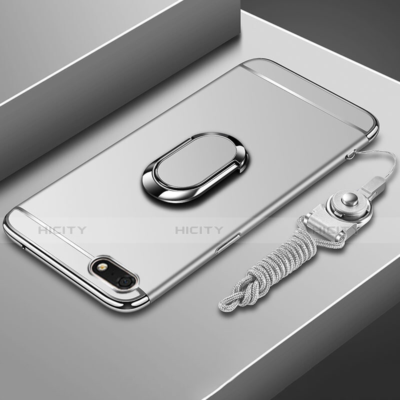 Coque Bumper Luxe Metal et Plastique Etui Housse avec Support Bague Anneau et Laniere pour Huawei Y5 (2018) Argent Plus