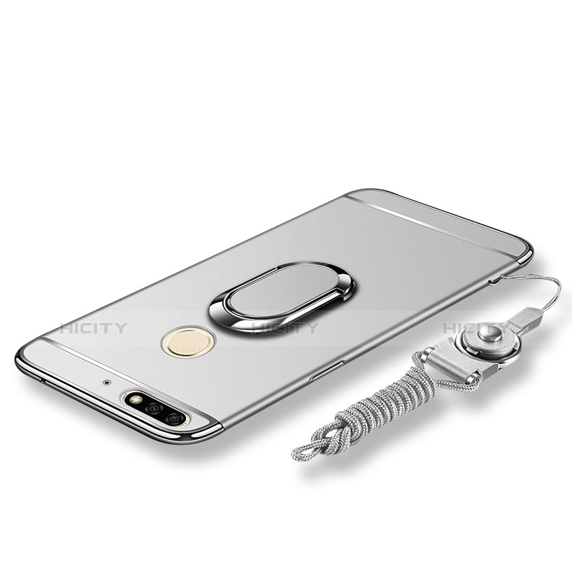 Coque Bumper Luxe Metal et Plastique Etui Housse avec Support Bague Anneau et Laniere pour Huawei Y7 (2018) Argent Plus