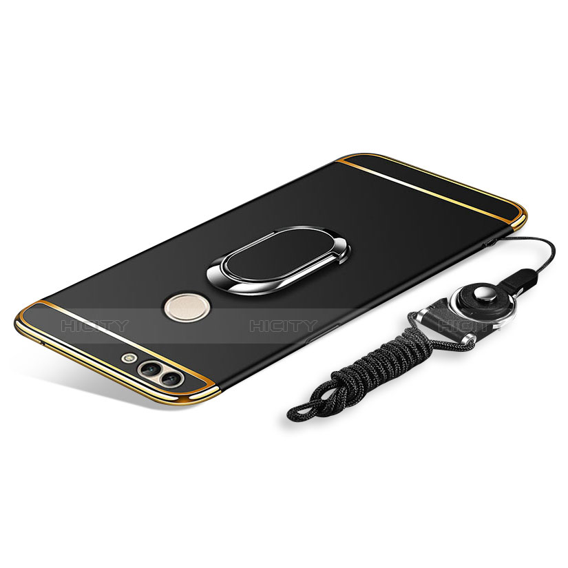 Coque Bumper Luxe Metal et Plastique Etui Housse avec Support Bague Anneau et Laniere pour Huawei Y9 (2018) Noir Plus