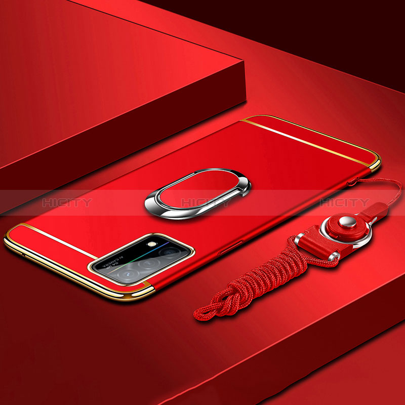 Coque Bumper Luxe Metal et Plastique Etui Housse avec Support Bague Anneau et Laniere pour Oppo K9 5G Rouge Plus