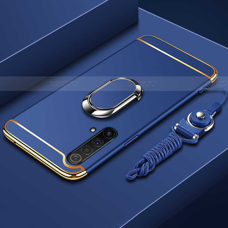 Coque Bumper Luxe Metal et Plastique Etui Housse avec Support Bague Anneau et Laniere pour Realme X50t 5G Bleu Plus