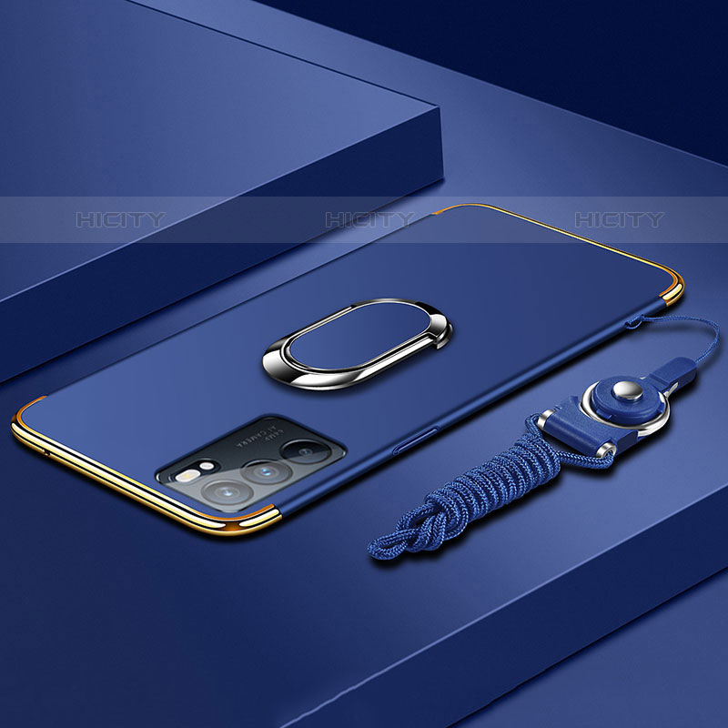 Coque Bumper Luxe Metal et Plastique Etui Housse avec Support Bague Anneau pour Oppo Reno6 5G Bleu Plus