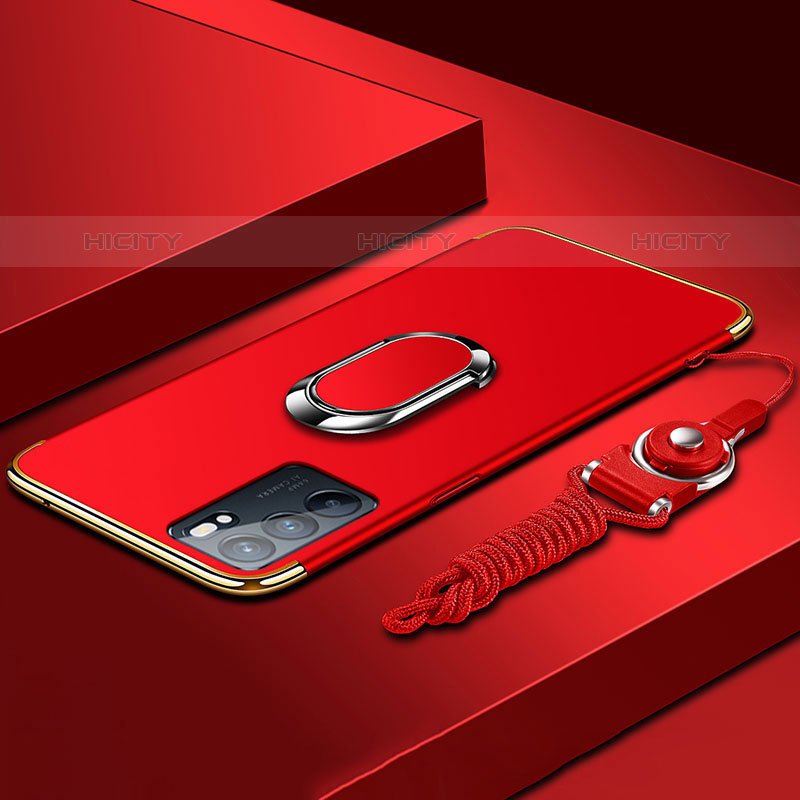 Coque Bumper Luxe Metal et Plastique Etui Housse avec Support Bague Anneau pour Oppo Reno6 5G Rouge Plus