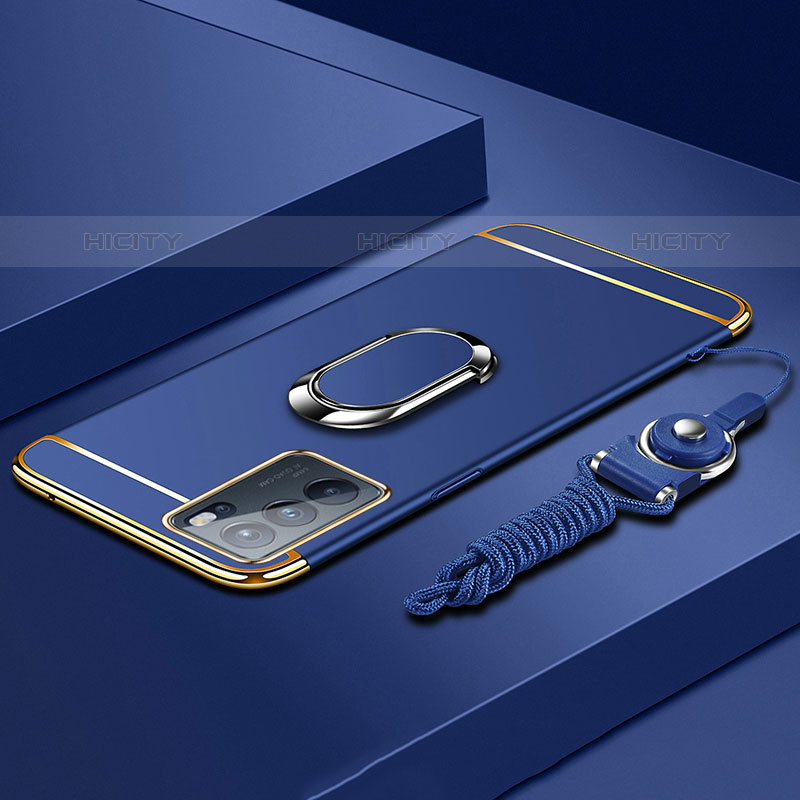 Coque Bumper Luxe Metal et Plastique Etui Housse avec Support Bague Anneau pour Oppo Reno6 Pro 5G India Bleu Plus