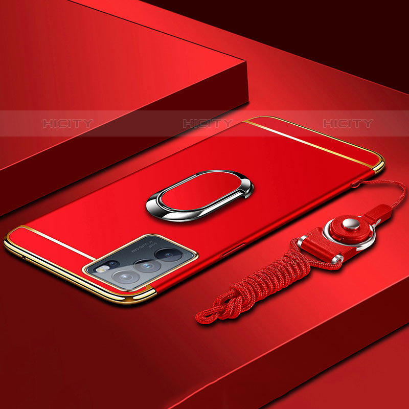 Coque Bumper Luxe Metal et Plastique Etui Housse avec Support Bague Anneau pour Oppo Reno6 Pro 5G India Rouge Plus