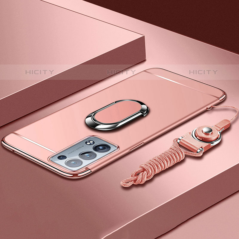 Coque Bumper Luxe Metal et Plastique Etui Housse avec Support Bague Anneau pour Oppo Reno6 Pro 5G Or Rose Plus