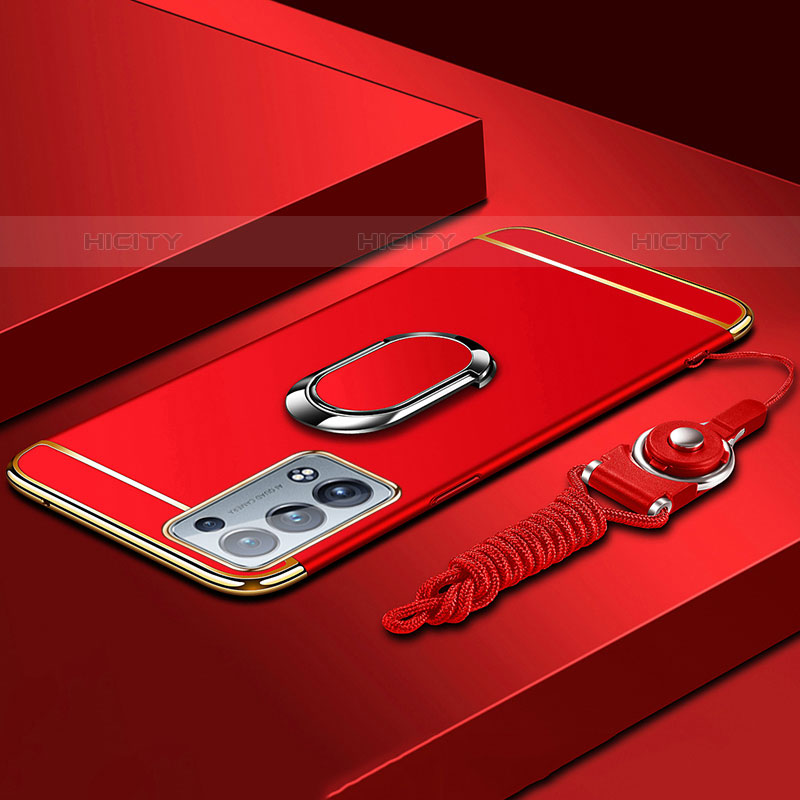 Coque Bumper Luxe Metal et Plastique Etui Housse avec Support Bague Anneau pour Oppo Reno6 Pro 5G Rouge Plus