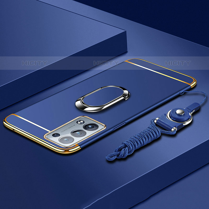 Coque Bumper Luxe Metal et Plastique Etui Housse avec Support Bague Anneau pour Oppo Reno6 Pro+ Plus 5G Bleu Plus