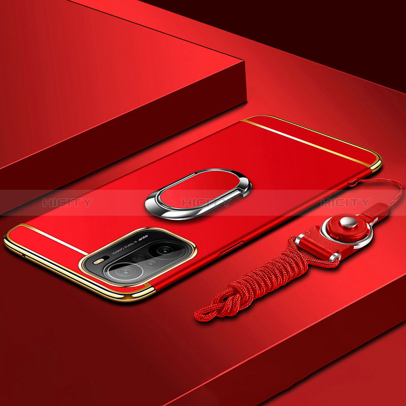 Coque Bumper Luxe Metal et Plastique Etui Housse avec Support Bague Anneau pour Xiaomi Redmi K40 Pro 5G Rouge Plus